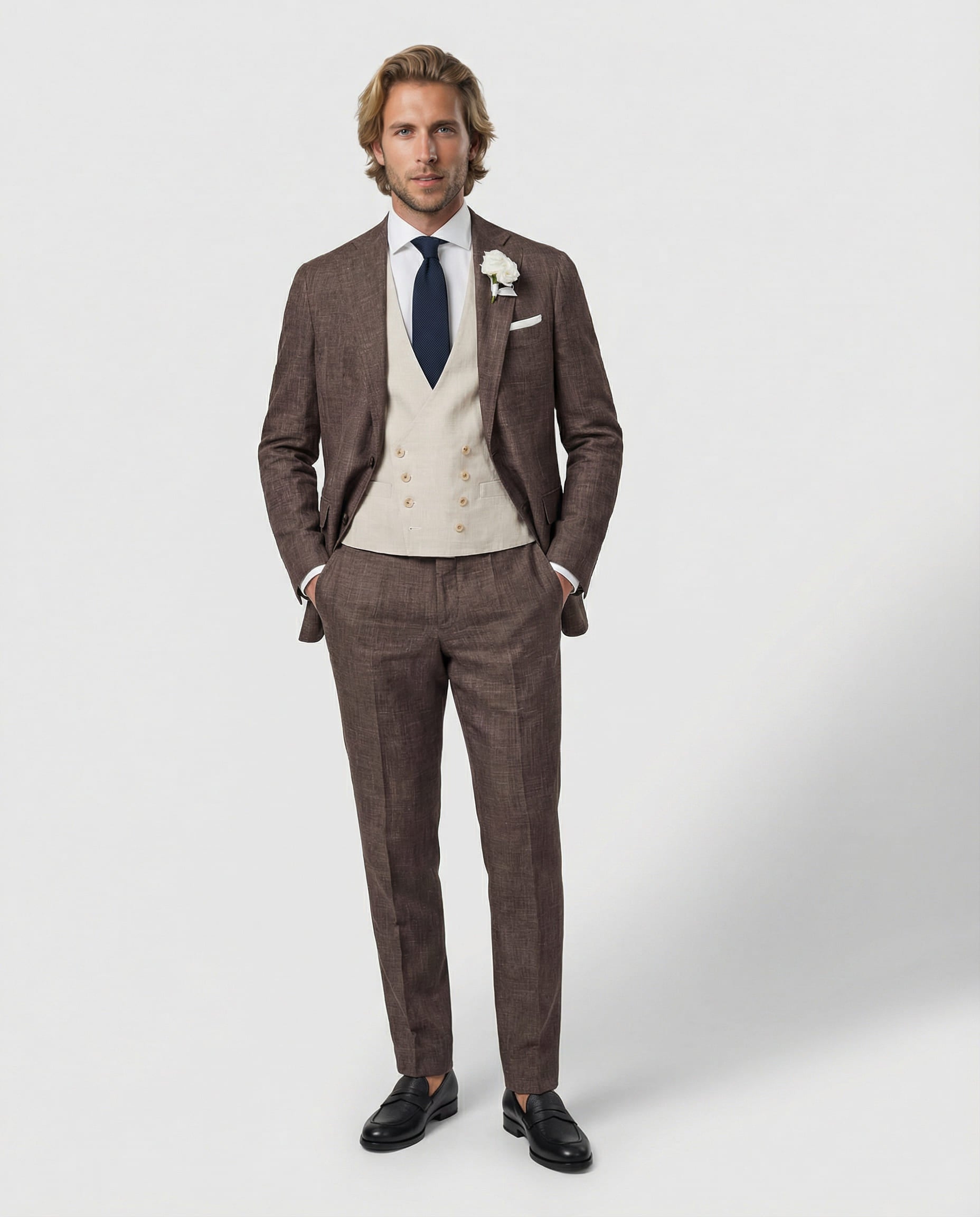 Mann im braunen Anzug mit cremefarbener Weste stehend mit offenem Sakko