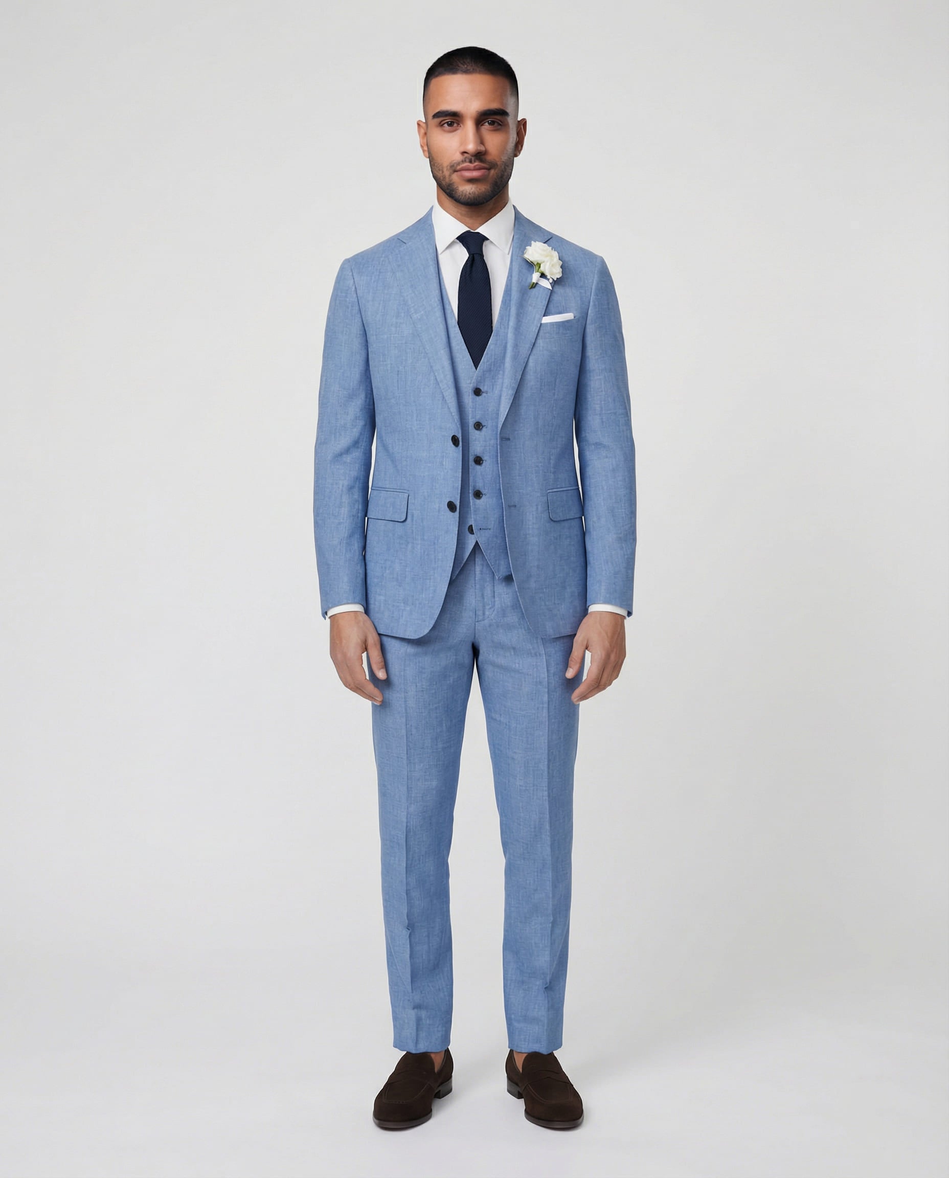 Mann im hellblauen Anzug mit Weste stehend mit offenem Sakko
