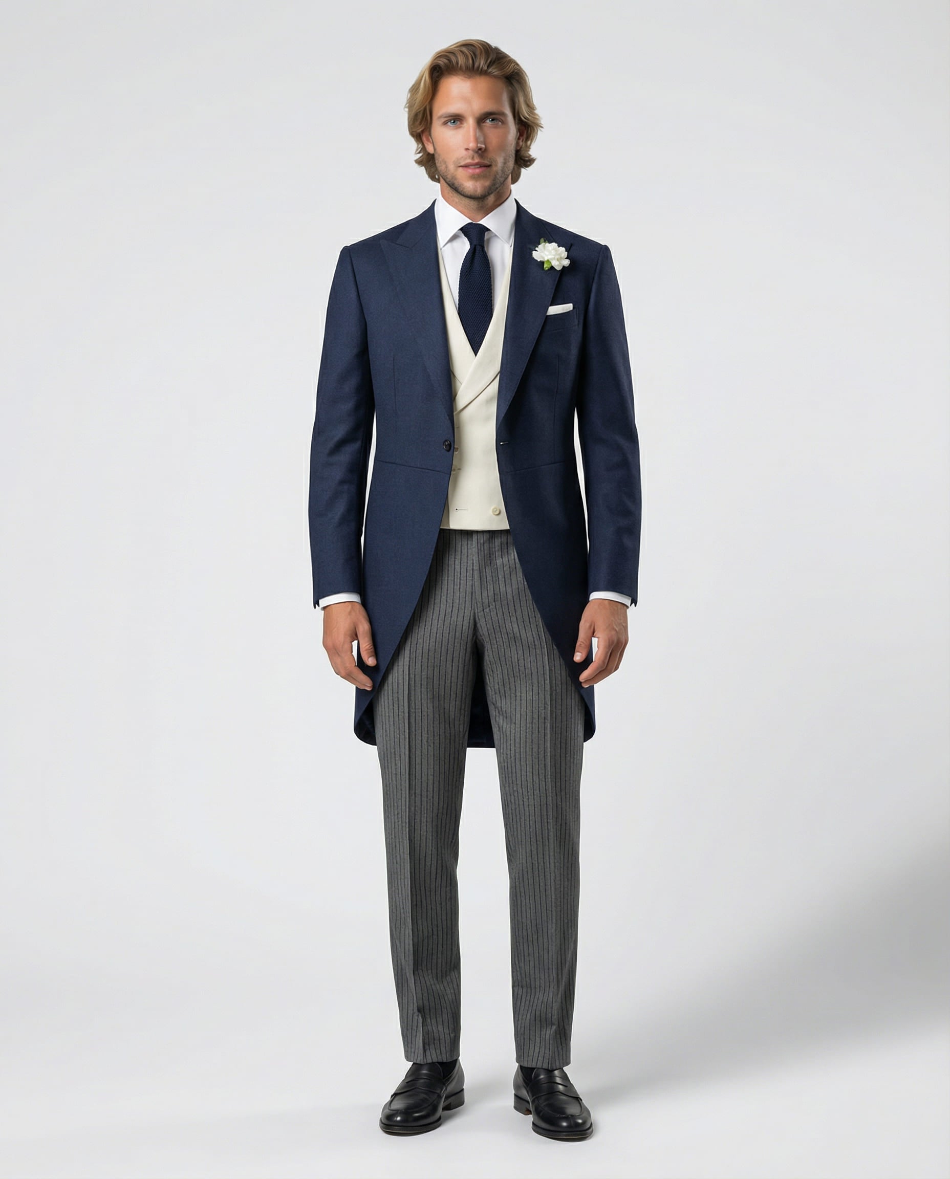 Mann im blauen Cutaway mit beiger Weste und Stresemann Hose von vorne abgebildet