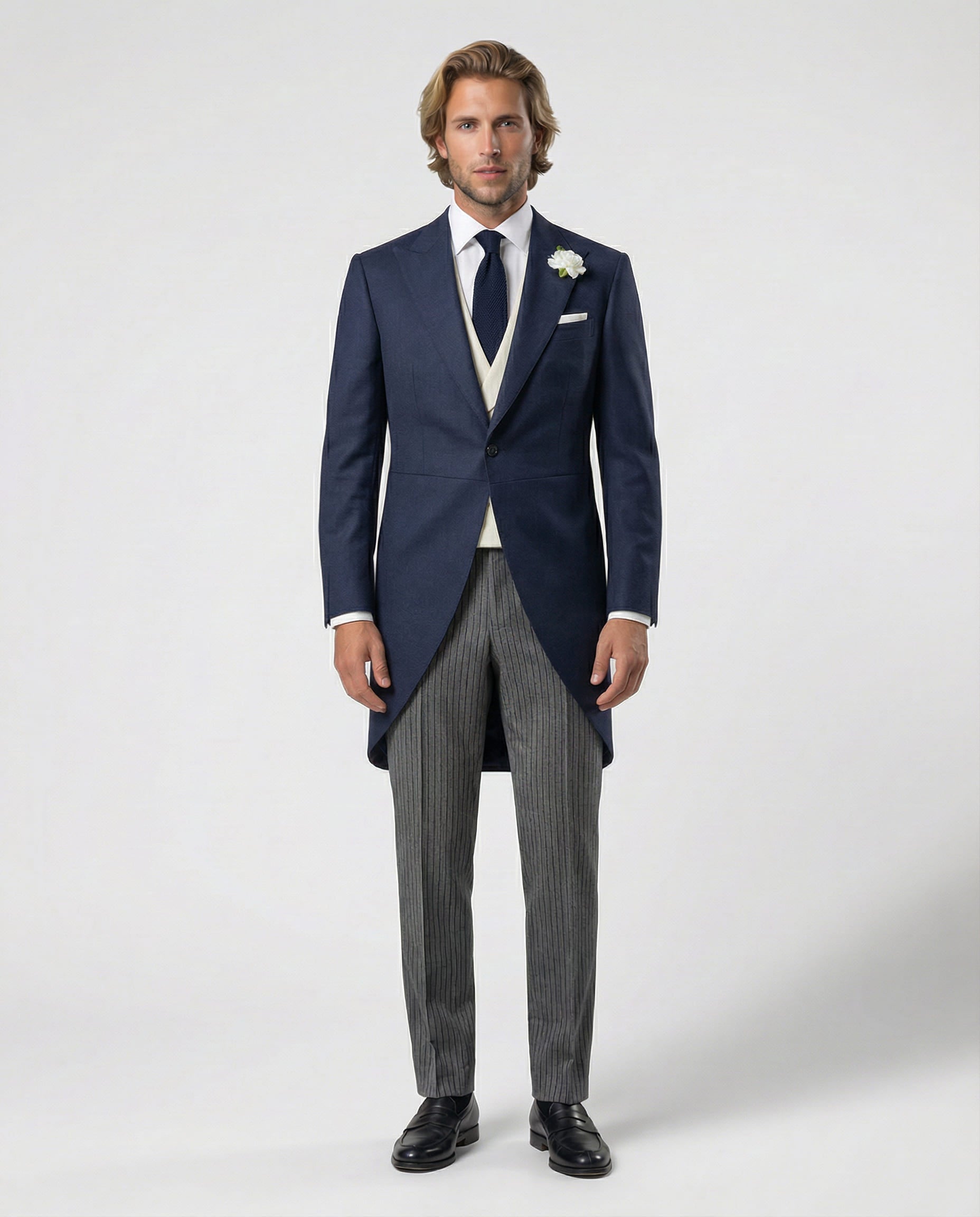 Mann im blauen Cutaway mit beiger Weste und Stresemann Hose von vorne abgebildet mit geschlossenem Knopf