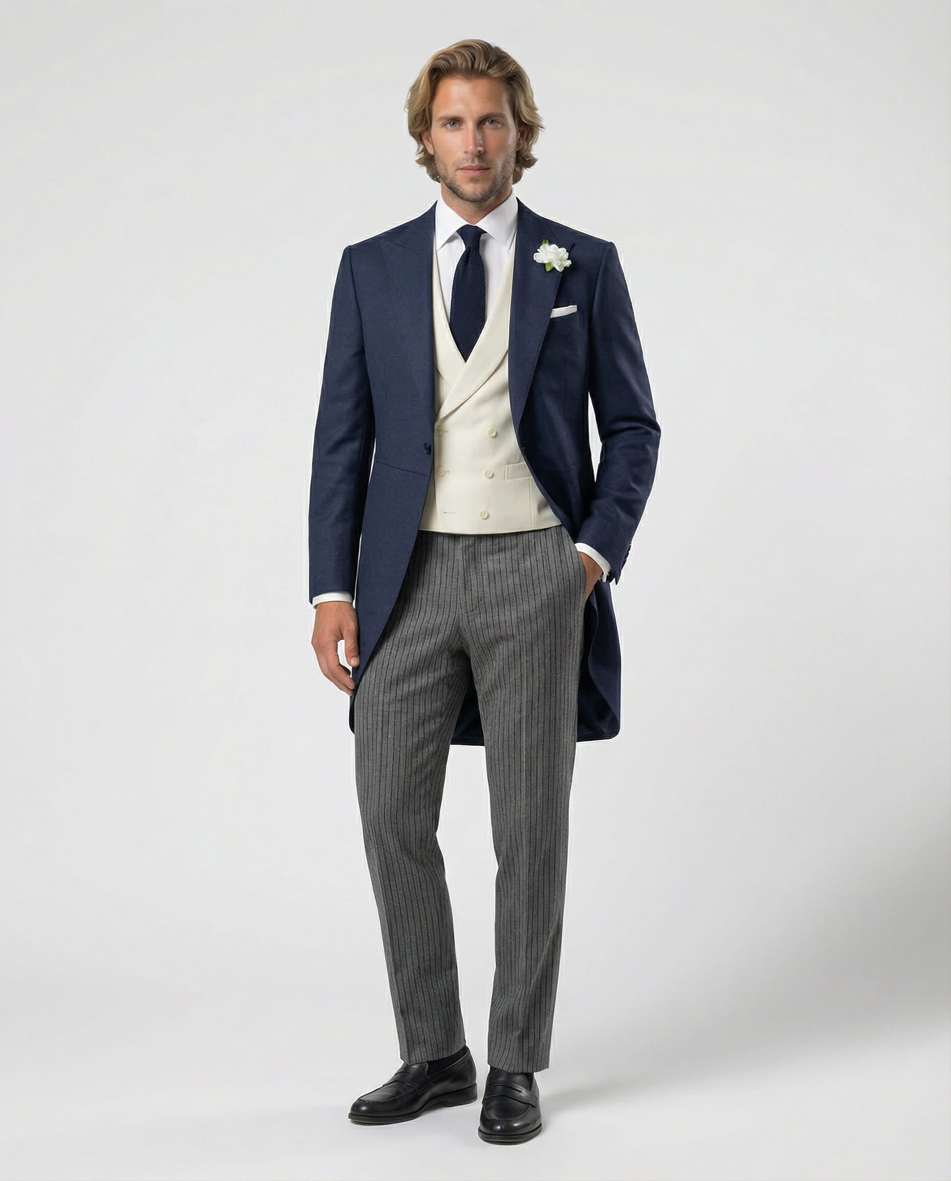 Mann im blauen Cutaway mit beiger Weste und Stresemann Hose mit Hand in der Tasche