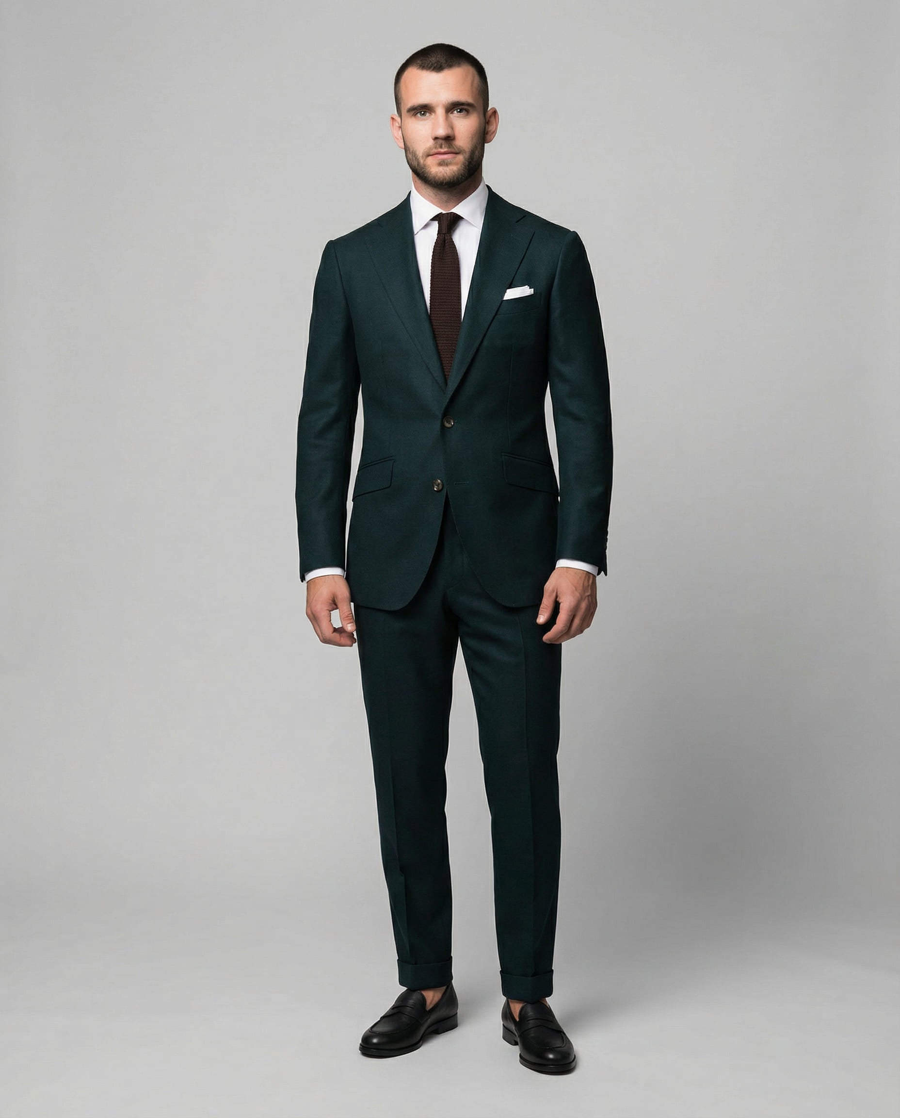 Mann im dunkelgrünen Anzug von vorne fotografiert