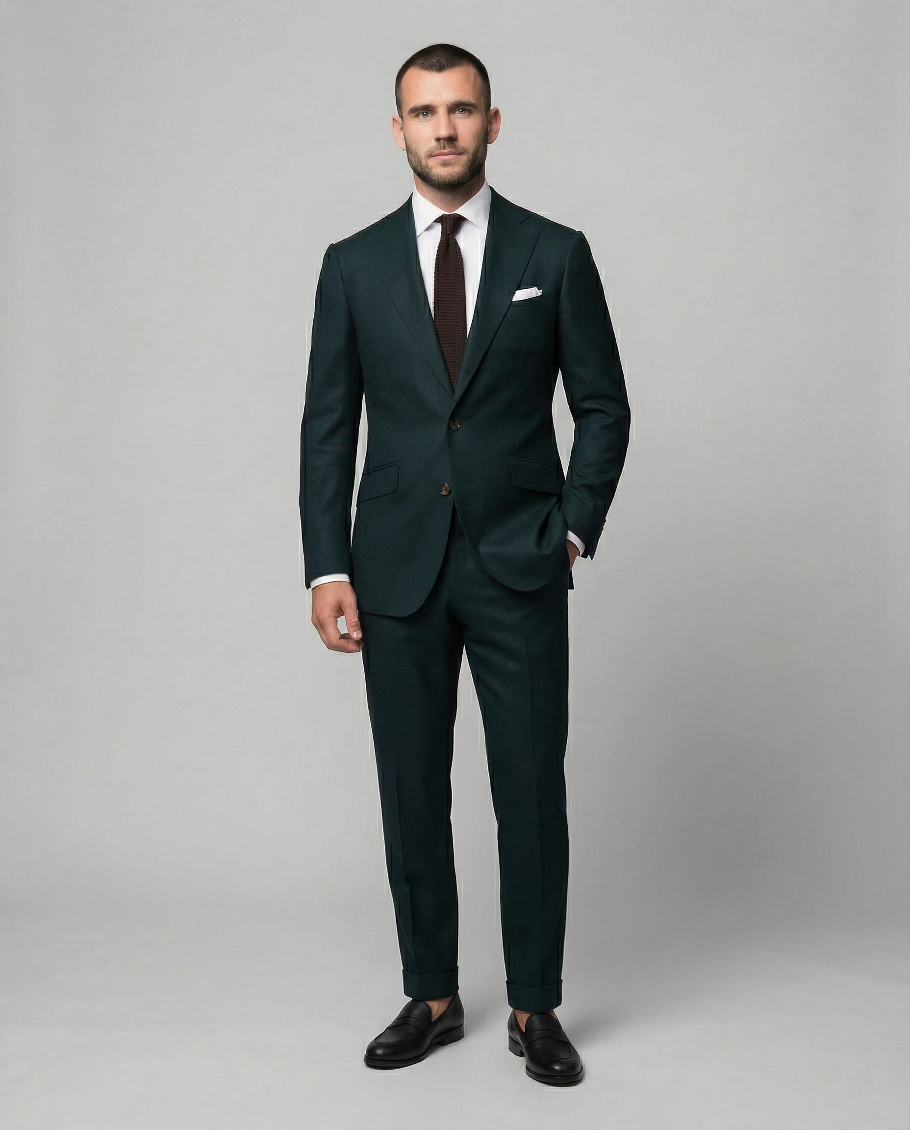 Mann im dunkelgrünen Anzug mit Hand in der Tasche von vorne fotografiert