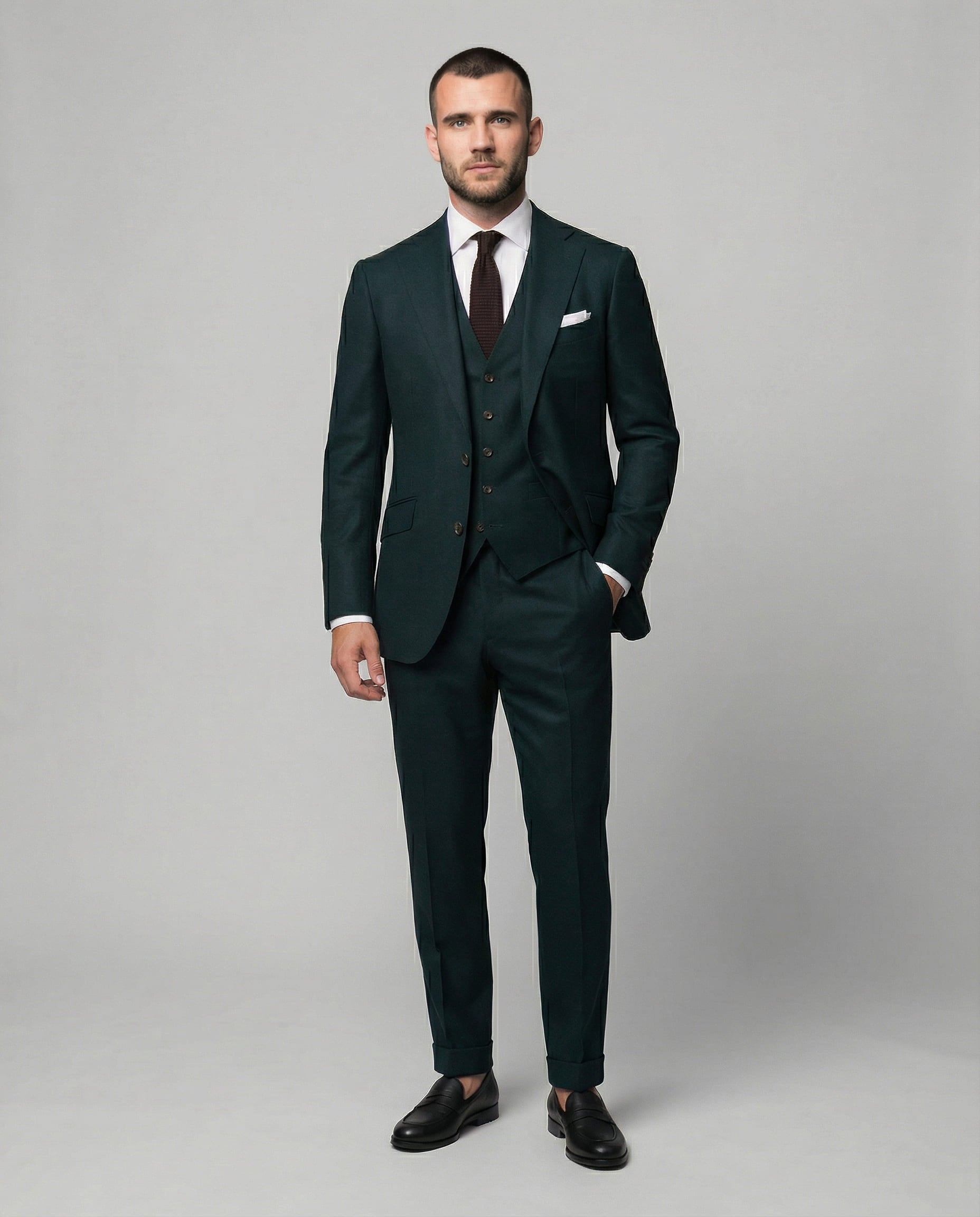 Mann im dunkelgrünen Anzug mit Weste und Hand in der Tasche von vorne fotografiert
