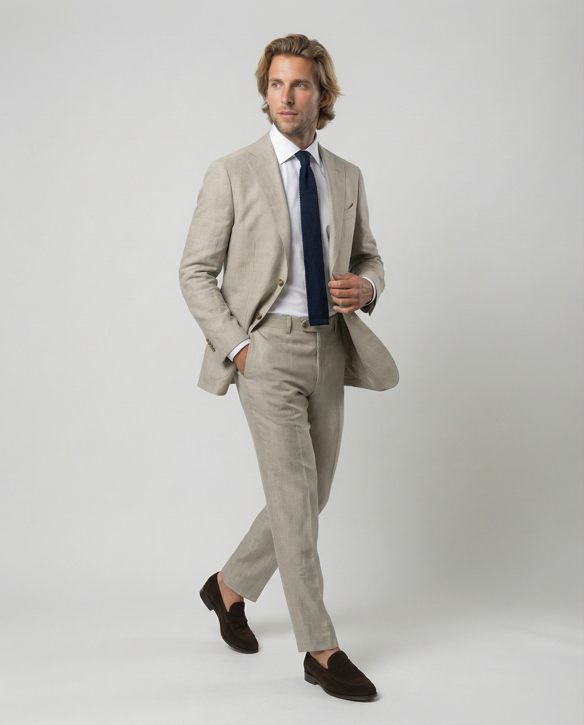 Mann im beigen Anzug laufend von der Seite fotografiert