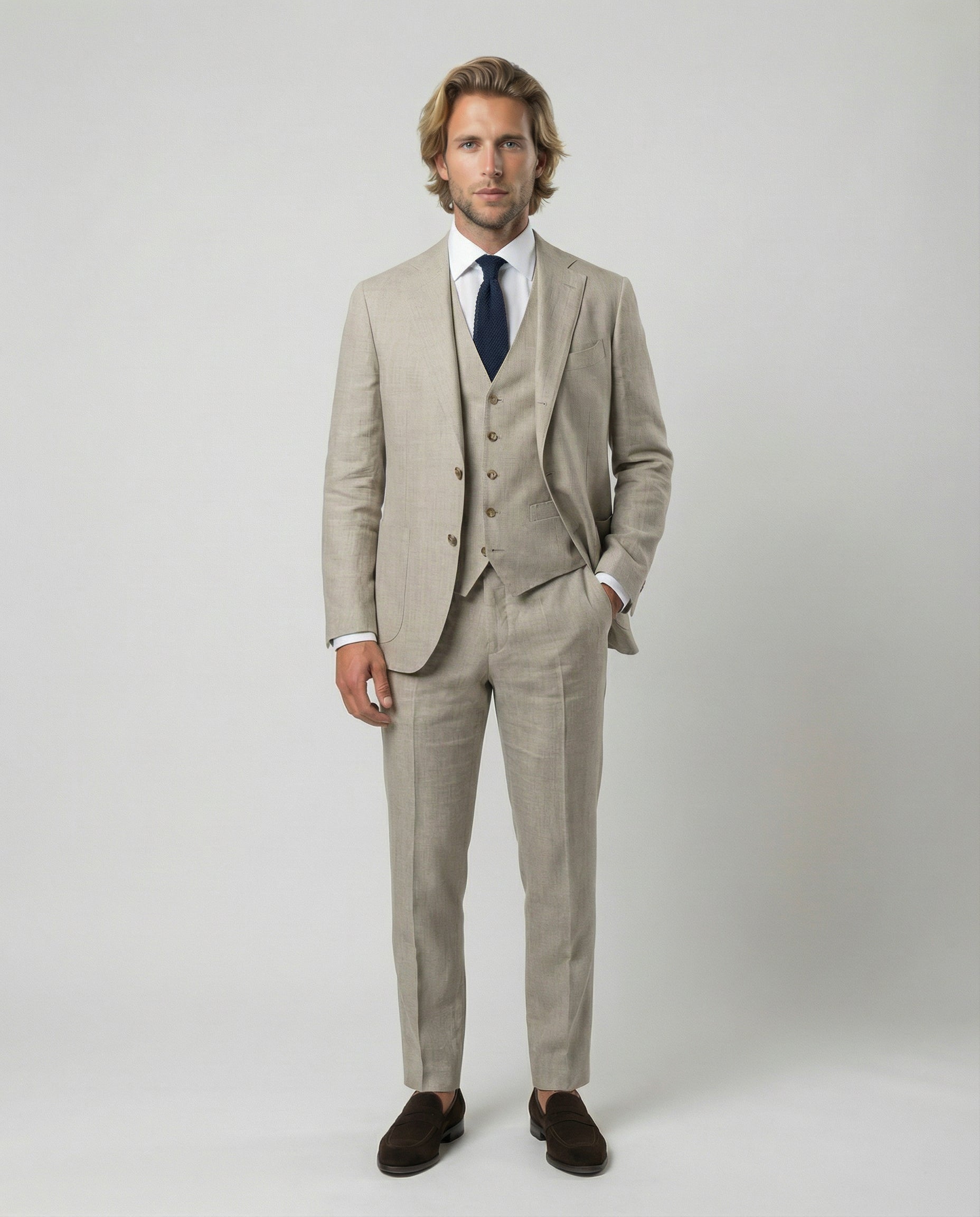 Mann im beigen Anzug mit Weste und Hand in der Tasche von vorne fotografiert