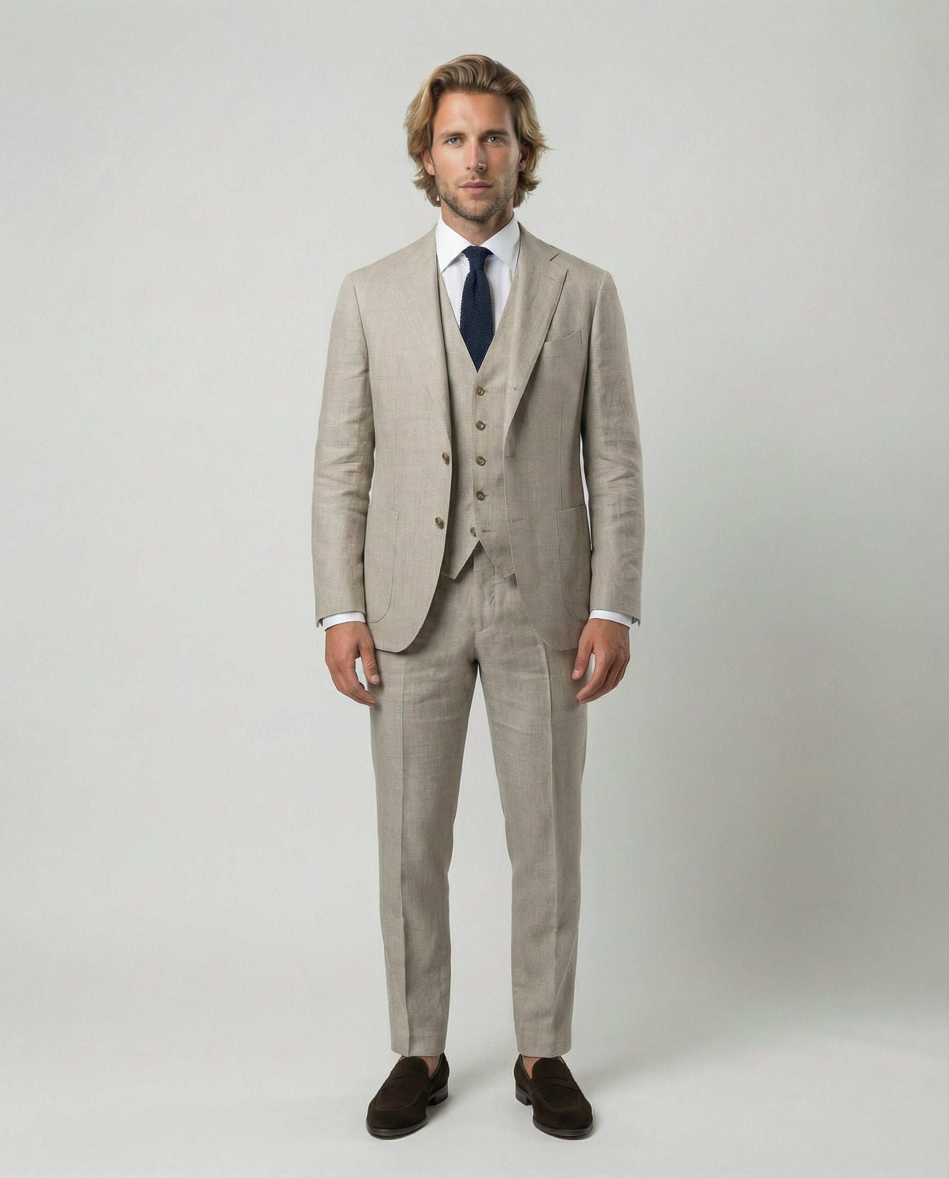Mann im beigen Anzug mit Weste von vorne fotografiert