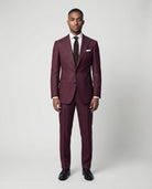Mann im bordeauxroten Anzug mit geschlossenem Sakko von vorne fotografiert