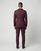 Mann im bordeauxroten Anzug von hinten fotografiert
