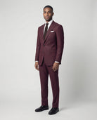 Mann im bordeauxroten Anzug seitlich fotografiert