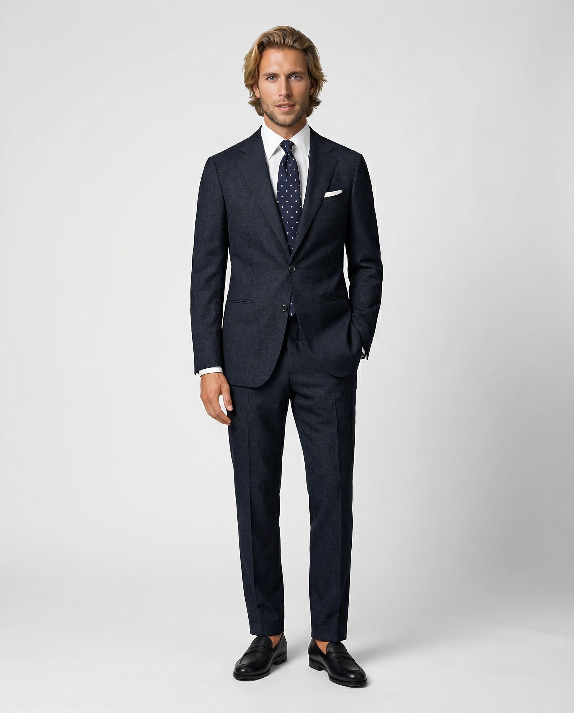 Mann im dunkelblauen Anzug aus leicht strukturierter Schurwolle mit offener Webung von vorne mit Hand in der Tasche