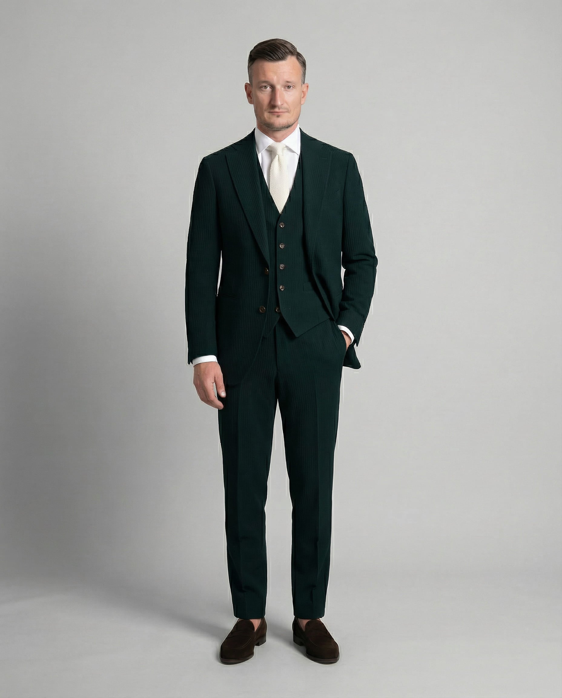 Mann im dunkelgrünem Seersucker Anzug von vorne mit Weste und Hand in der Tasche