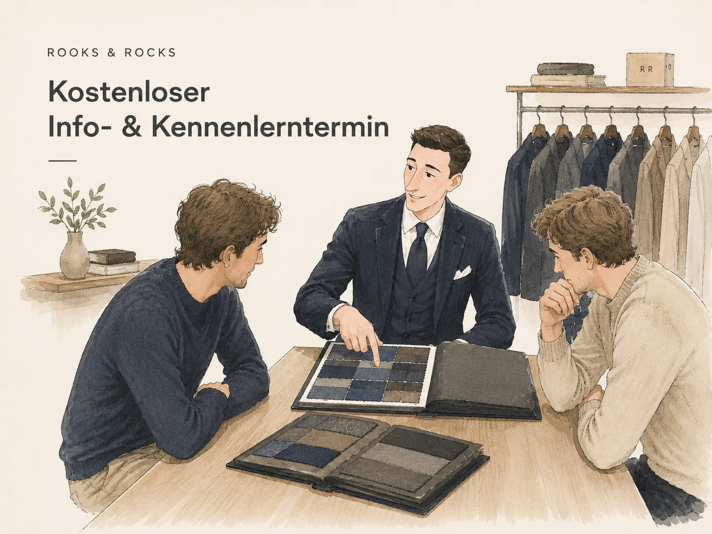 Drei Männer sitzen an einem Tisch, auf dem Tisch liegen Stoffbücher und im Hintergrund hängen Anzüge