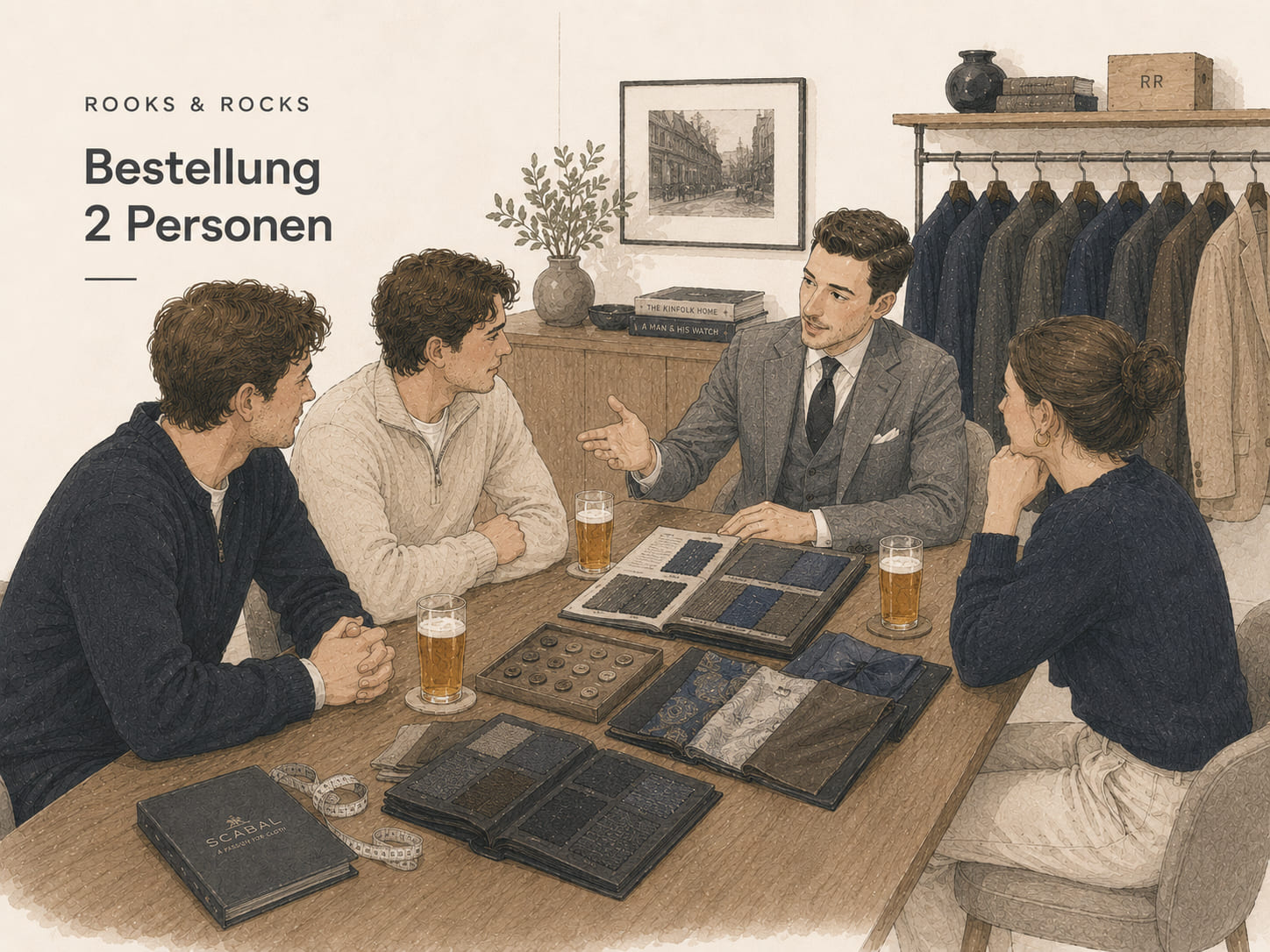 Mehrere Personen sitzen an einem Tisch und werden beraten zum Thema Anzüge
