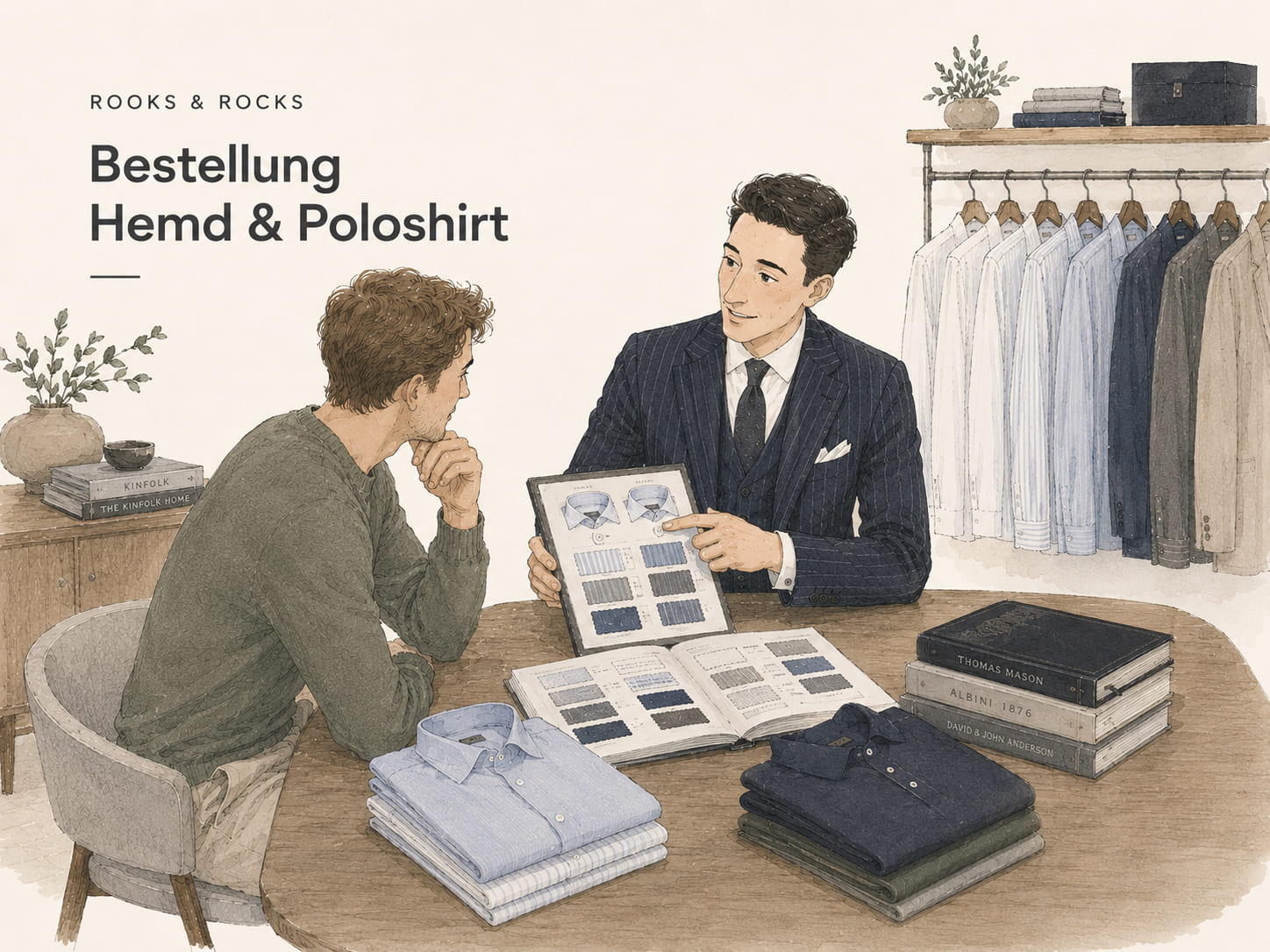 Zwei Männer sitzen am Tisch und einer berät der Andere zum Thema Hemden und Poloshirts