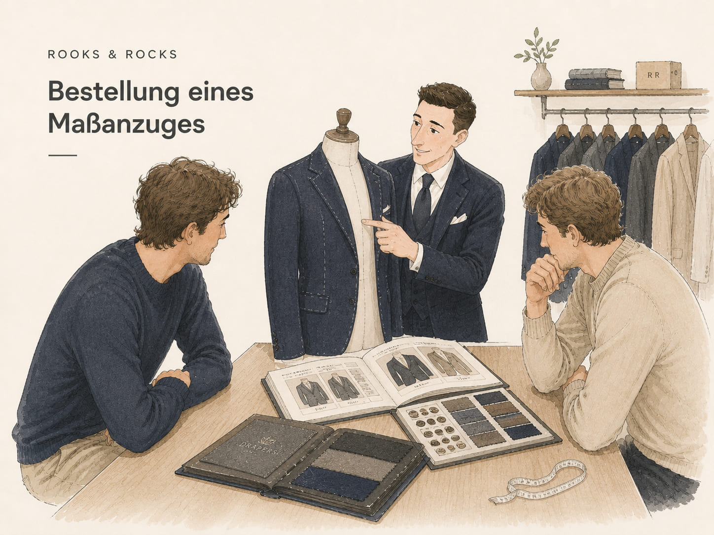 Drei Männer sitzen am Tisch und bekommen die Optionen der Gestaltung eines Anzuges erklärt
