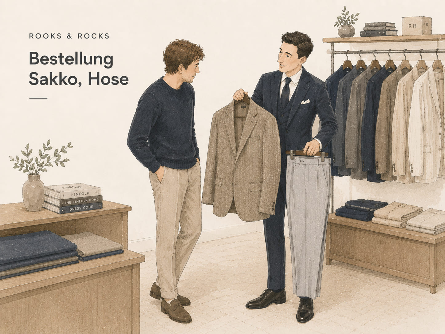 Zwei Männer stehen in einem Bekleidungsgeschäft und schauen sich Sakkos und Hose an