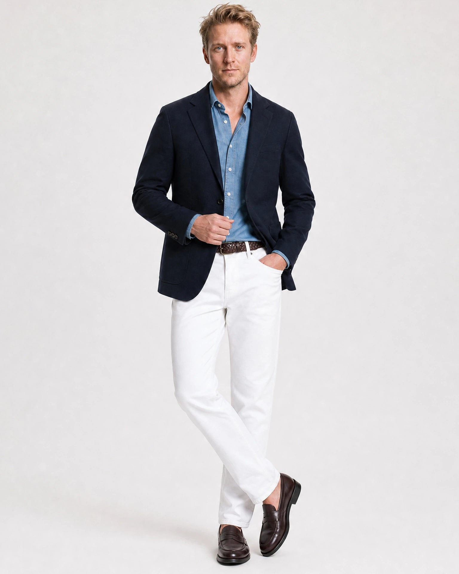 Rooks & Rocks Denim Hemd Indigo Blau kombiniert mit Navy Blazer und weißer Hose – Smart Casual Outfit 