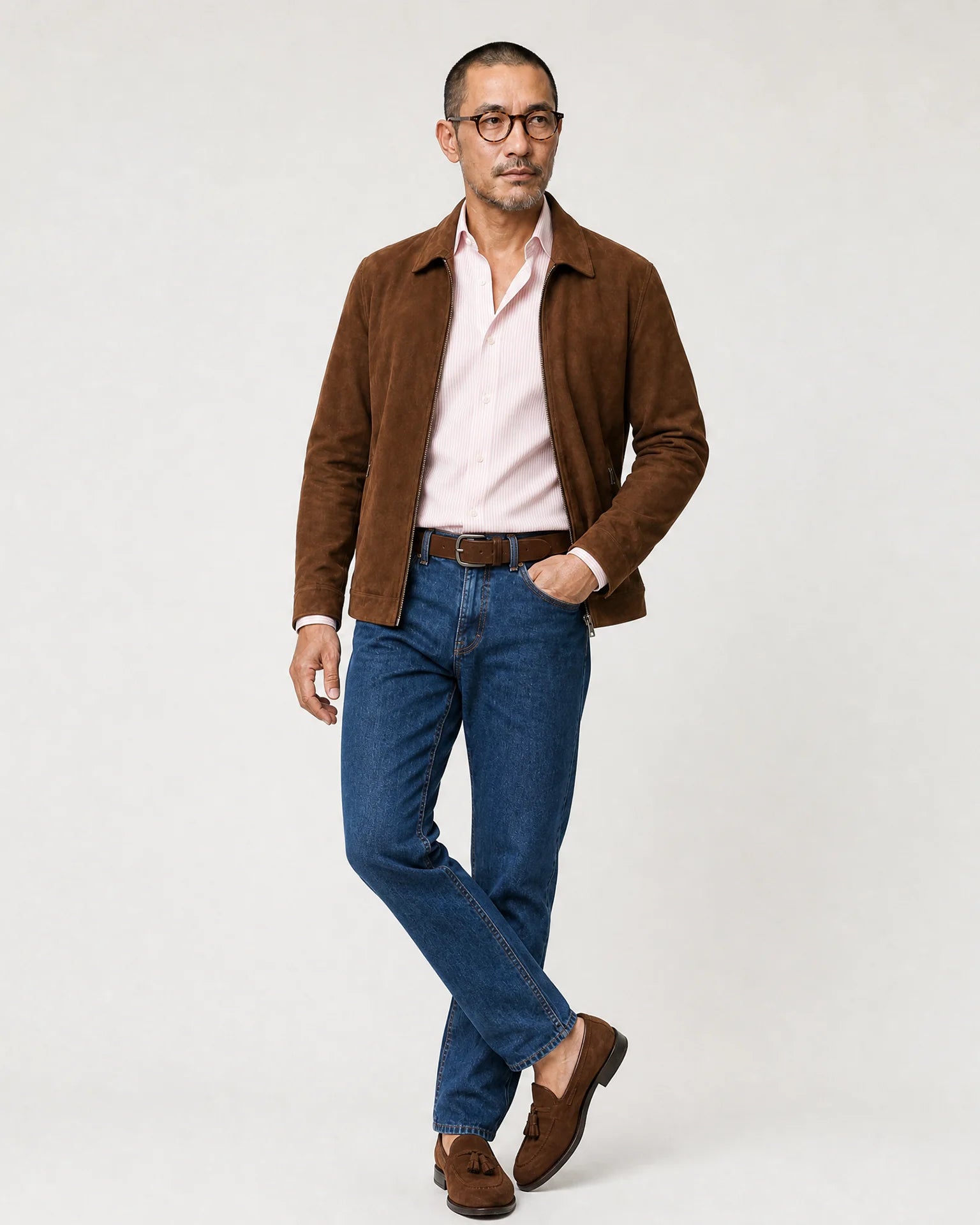 Rosa-weiß gestreiftes Oxford-Hemd kombiniert mit brauner Jacke, blauer Jeans und braunen Loafern.