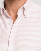 Detailaufnahme des rosa-weiß gestreiften Oxford-Hemds mit Button-Down-Kragen und weißen Knöpfen.