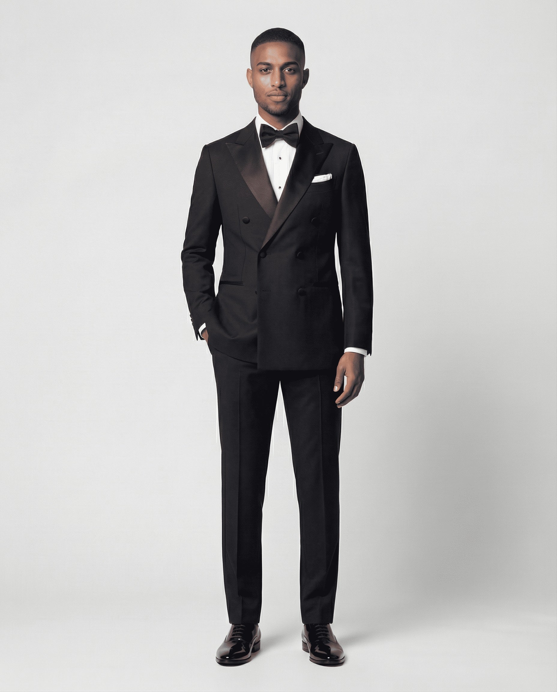 Mann im schwarzen zweireihigen Smoking von vorne mit Hand in der Tasche gezeigt