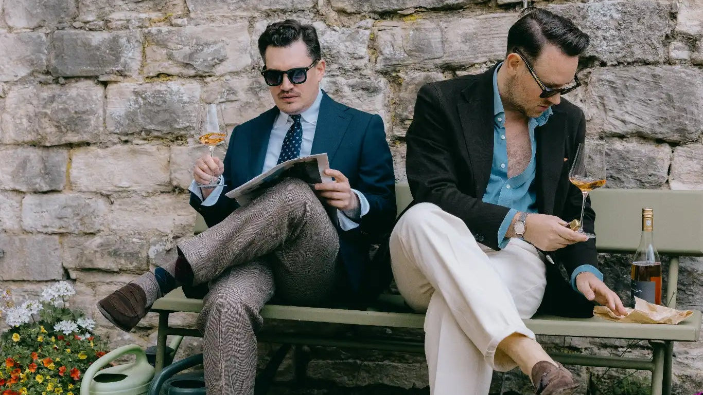 Zwei Männer in sommerlichen Casual-Tailoring-Looks sitzen mit Drinks auf einer Bank