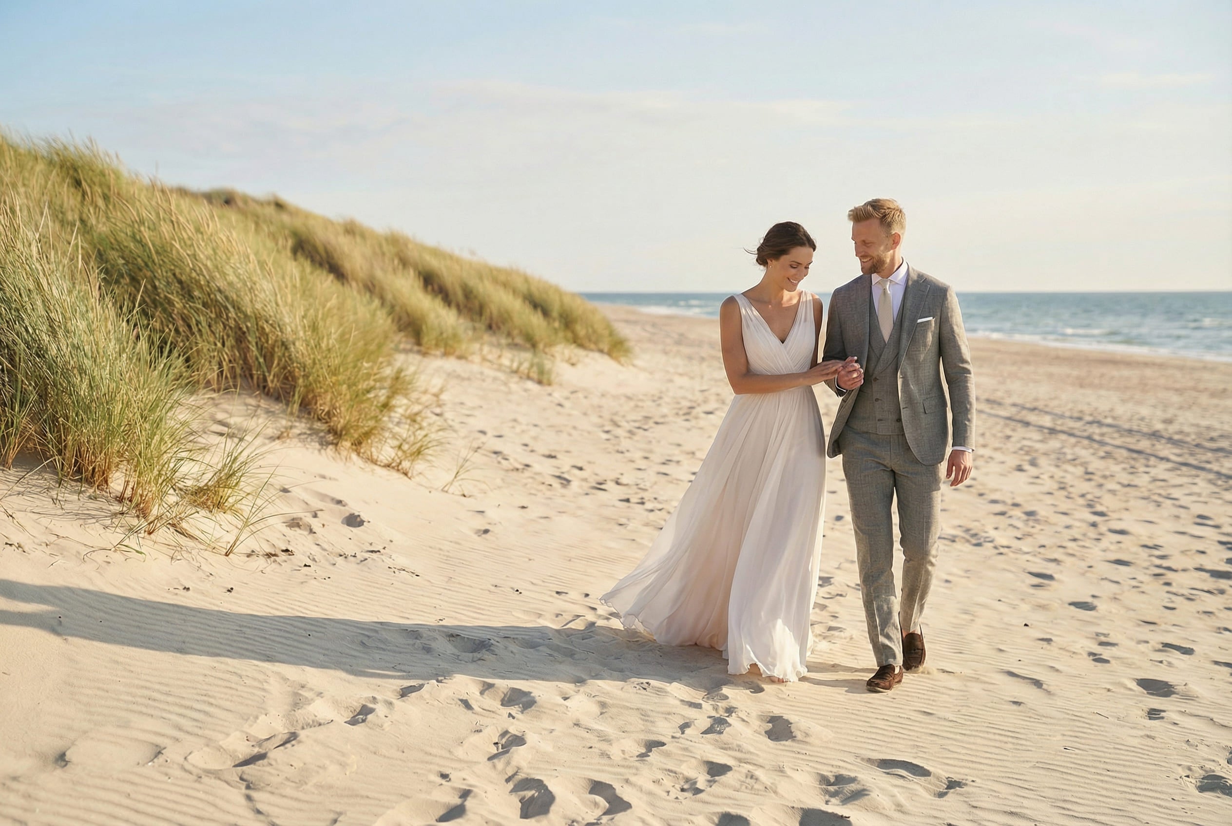 Braut und Bräutigam stehen Hand in Hand am Strand, im Hintergrund Dünen und das Meer
